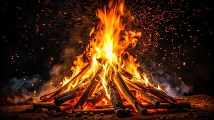 Fiery night campfire with big bonfire against black background and sparks close up