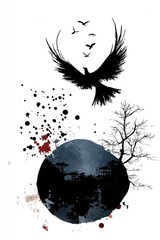 Poster - Silhouette of a Bird with a Branch and a Circular Abstract Background