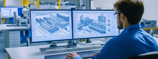 Poster - engineer working on architectural designs at dual monitors in a modern office environment during the