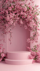 A beautiful 3D spring floral scene featuring pink podium surrounded by lush pink roses and delicate blossoms. This serene setting evokes sense of tranquility and elegance