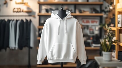 Sticker - Mockup of  A white hoodie is displayed in a store. The store is well lit and has a modern feel