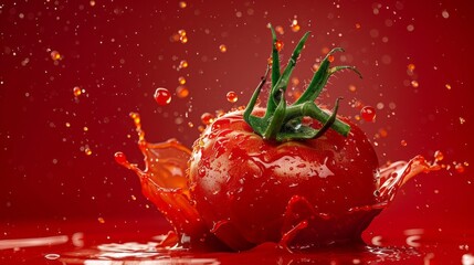 A tomato is sitting in a splash of red paint