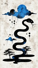 Canvas Print - Abstract Snake with Blue Clouds and Trees