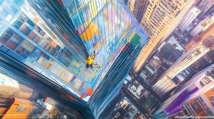Poster - aerial view of a worker painting a tall skyscraper surrounded by a colorful and urban cityscape with