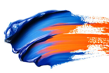 Abstract smear of thick, opaque blue and orange acrylic paint on a white background