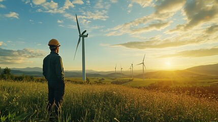 Wall Mural - Technician working outdoors at a wind turbine field. Renewable energy engineers working on wind power plants, Environmental engineers research, solor energy