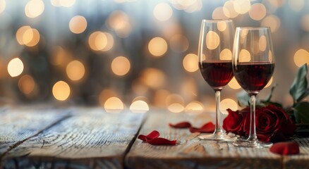 Wall Mural - Romantic Evening With Red Wine and Rose Petals at Night