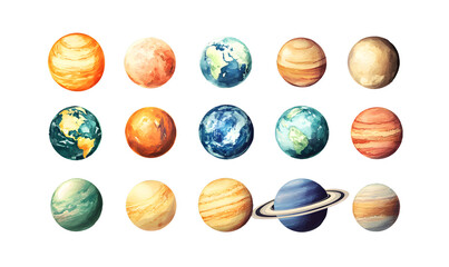 Wall Mural - Watercolor vector illustration planet galaxy universe solar system stars set clipart sketch Mercury Venus Earth Mars Jupiter Saturn Uranus Neptune
