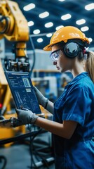 Poster - female engineer using tablet to monitor robotic machinery in modern industrial facility during dayti