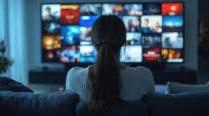 a woman uses her home smart tv to access ott content