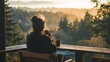 © pkproject - Person Sipping Coffee on Porch Overlooking Scenic Landscape on Peaceful Sunday Morning