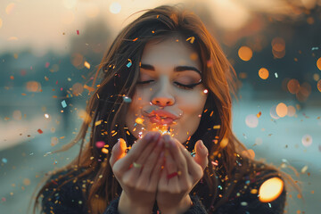 Wall Mural - A young woman blows confetti from her hands. Friends celebrate outdoors in the evening.