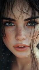 Canvas Print - Intense Gaze: A Close-Up Portrait of a Woman with Freckles and Wet Hair