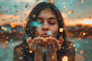 Wall Mural - A young woman blows confetti from her hands. Friends celebrate outdoors in the evening.