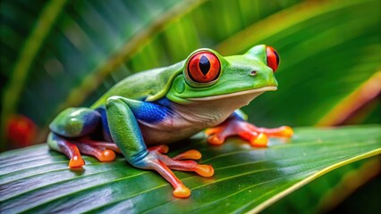 Wall Mural - Vibrant Red Eyed Green Tree Frog Camouflaged on Leaf in Rainforest Habitat, Close-Up Nature Photography