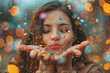 © PHAISITSAWAN - A young woman blows confetti from her hands. Friends celebrate outdoors in the evening.