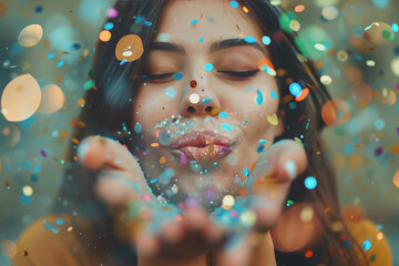 Wall Mural - A young woman blows confetti from her hands. Friends celebrate outdoors in the evening.