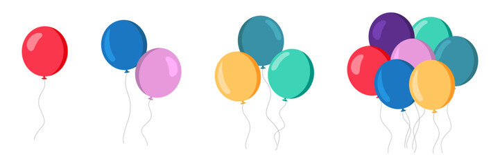 Balloons in cartoon flat style. Bunch of balloons. Colored balloons in simple style.