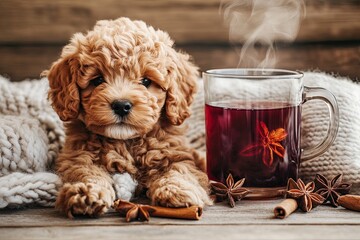 A fluffy puppy sitting beside a steaming cup of mulled wine