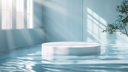 Poster - A white circular podium on the water, surrounded by light blue walls with vertical stripes, is set against an indoor background with a window and sunlight shining in from outside