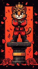 Wall Mural - Cartoon Cat King with Crown on Pedestal with Roses