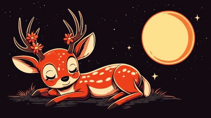 Wall Mural - Adorable Deer Sleeping Under the Moon