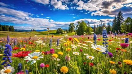 Poster - Vibrant Swedish Wildflowers Blooming in a Lush Green Meadow Under a Bright Blue Sky in Summer