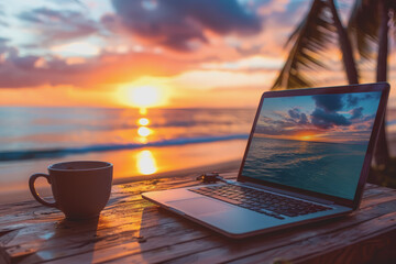 A laptop and a coffee cup are on the table with a sunset beach view in the background.