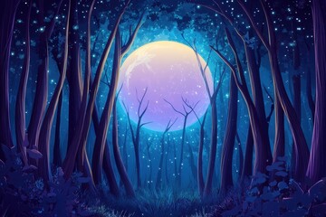 A Full Moon Illuminates a Deep, Mysterious Forest