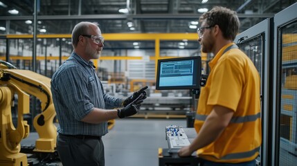 Poster - two technicians discuss operational processes in a modern manufacturing facility during daytime hour