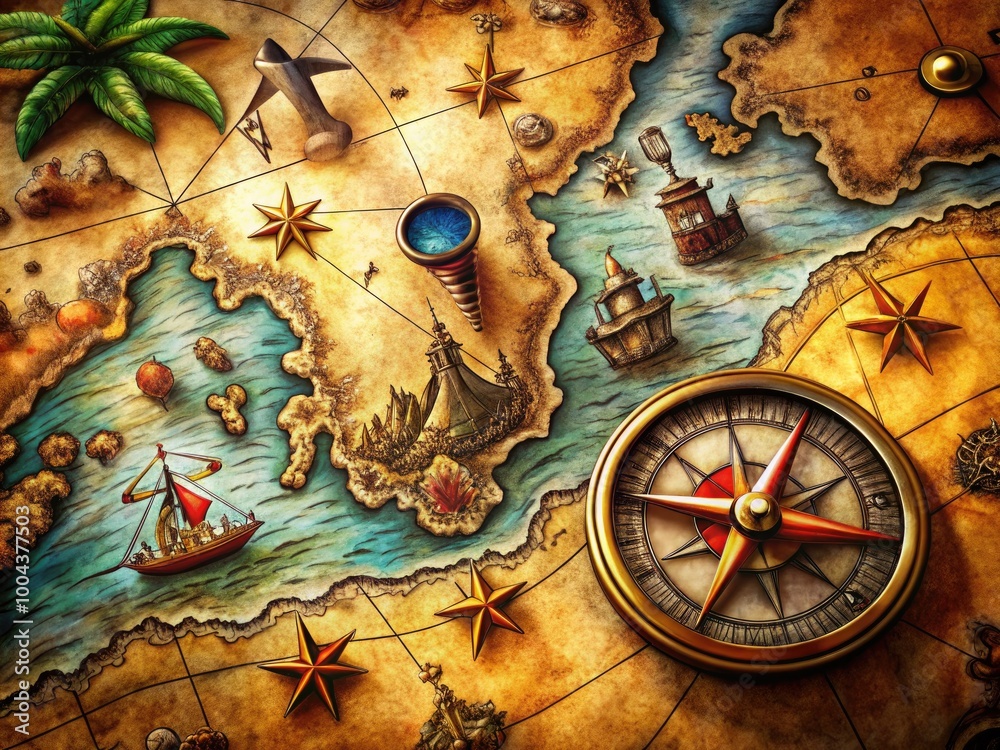 Vintage Treasure Map Illustration with Landmarks, X Marks the Spot ...