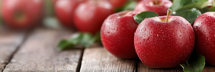 Fresh red apples arranged on a rustic wooden table with green leaves