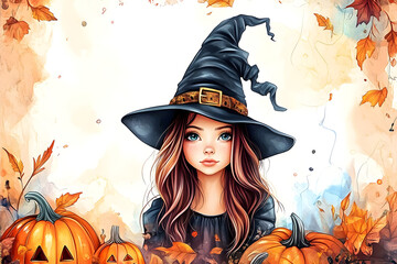 Wall Mural - Cute cartoon witch with pumpkin frame border on background in watercolor style