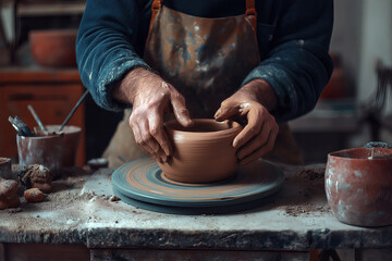 A ceramic artist shaping a clay pot on a pottery wheel, hands covered in clay, with studio details in the background.