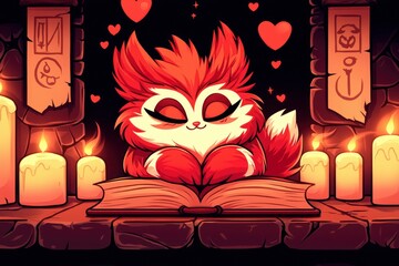 Sticker - Cozy Red Fox Reading a Book by Candlelight with Hearts Floating Around