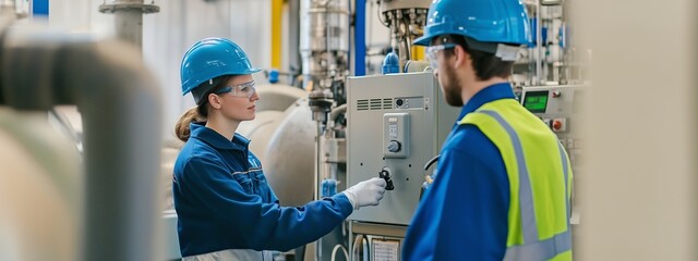 Poster - Technicians operating machinery in a modern industrial plant with safety gear during daylight