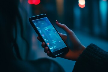 Hand holding smartphone with glowing app display.