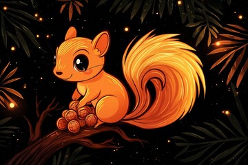 Poster - Cute Squirrel Holding Nuts in a Forest at Night