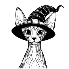 Sticker - Sphynx cat wearing a witch hat Halloween portrait sketch