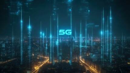 Poster - A vibrant city skyline at night is dominated by towering antennas, emitting bright light signals that represent the cutting-edge 5G technology transforming urban connectivity