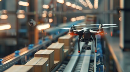 Aufkleber - Drone Delivering Package in Modern Warehouse Setting