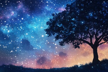 Wall Mural - A Silhouetted Tree Against a Starry Night Sky