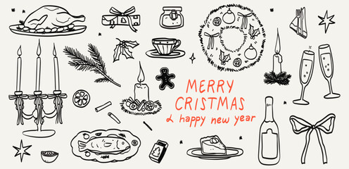 Christmas dinner table in retro vintage style. New year decor candles, food, wine or champagne doodle set. Line art contemporary minimalist print style hand drawn ink holiday menu elements collection.