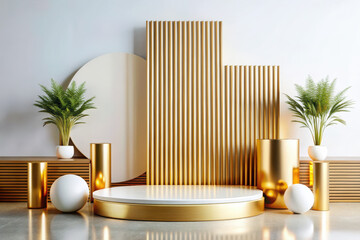 Poster - Elegant golden decor featuring modern geometric shapes and lush greenery in a stylish indoor space. Generative AI