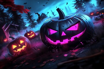 Poster - A magical, haunted forest on Halloween night, where glowing spirits drift through the trees, and enchanted jack-o'-lanterns light the way