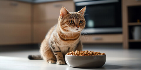 Wall Mural - A close-up of a cat sitting in front of a stylish ceramic bowl full of dry pet food, waiting excitedly, minimalist home interior on background.