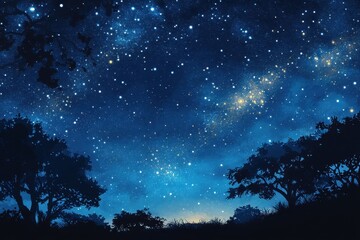 Wall Mural - Silhouetted Trees Against a Night Sky Filled with Stars