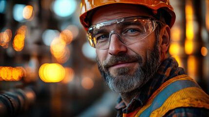 Construction worker in safety gear smiling confidently in a bustling industrial setting during the afternoon hours