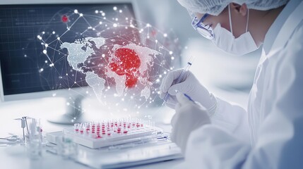 Scientist in lab coat and mask working with test tubes and a world map with a red virus overlay.