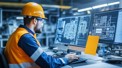 Poster - engineer reviewing technical schematics in a factory at night while working on a computer monitor